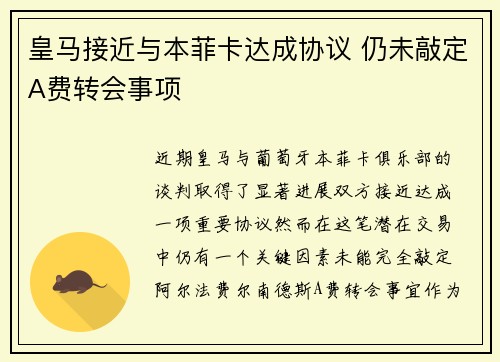 皇马接近与本菲卡达成协议 仍未敲定A费转会事项