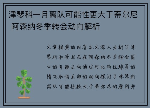 津琴科一月离队可能性更大于蒂尔尼 阿森纳冬季转会动向解析