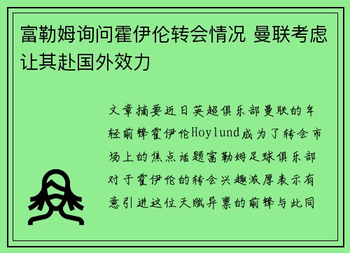 富勒姆询问霍伊伦转会情况 曼联考虑让其赴国外效力